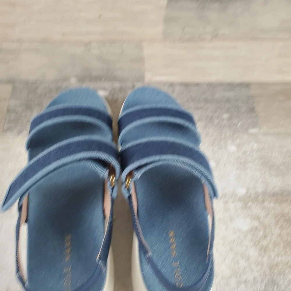 Cole Haan Zerogrand Meritt Sandal Womens Sz 7.5 B Denim Multi Ivory Hook & Loop